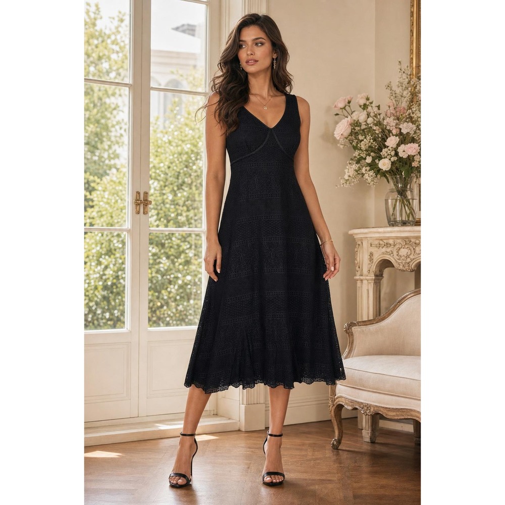 Alfani Lace Overlay Dress Womens L Black Sleeveless Babydoll Midi Cocktail Party